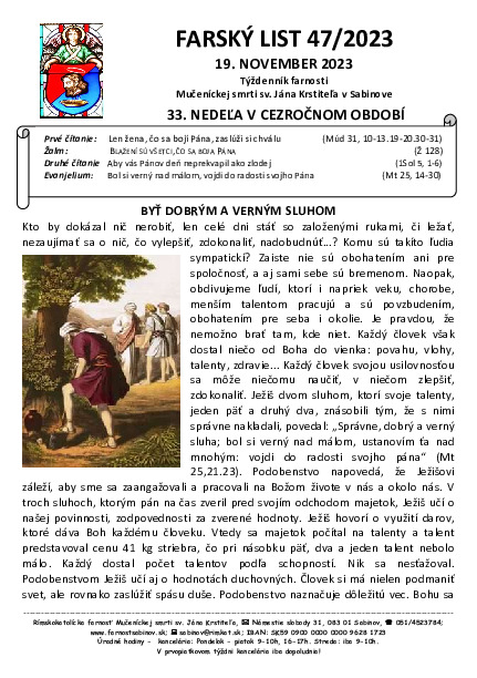 Farský list - 33. nedeľa v cezročnom období