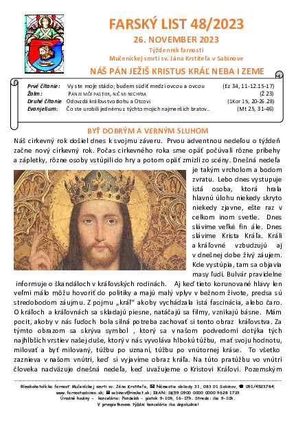 Farský list - 34. nedeľa v cezročnom období - Nedeľa Krista Kráľa