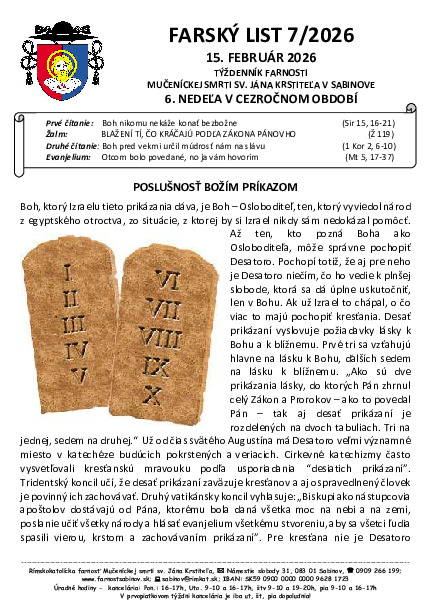 Farský list - 6. nedeľa v cezročnom období