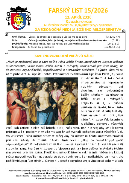Farský list - 2. veľkonočná nedeľa - Božieho milosrdenstva
