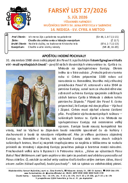 Farský list - 14. cezročná nedeľa - Sv. Cyril a Metod