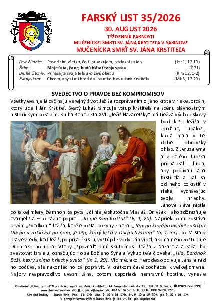 Farský list - Mučenícka smrť sv. Jána Krstiteľa