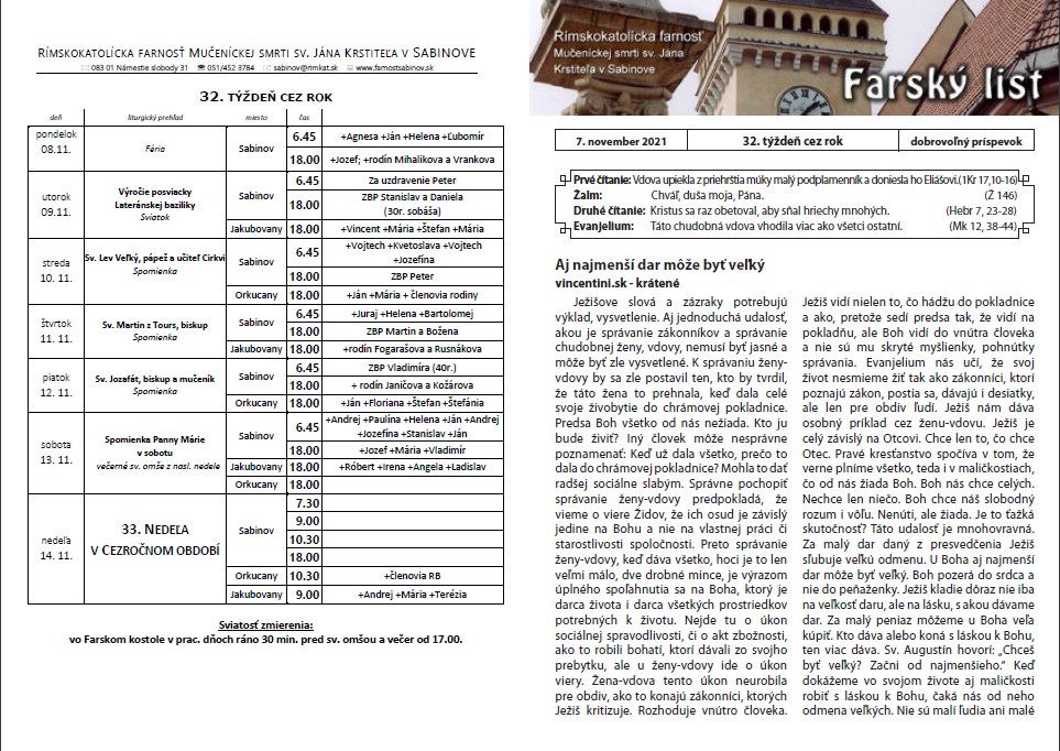 Farský list, 32. týždeň cez rok